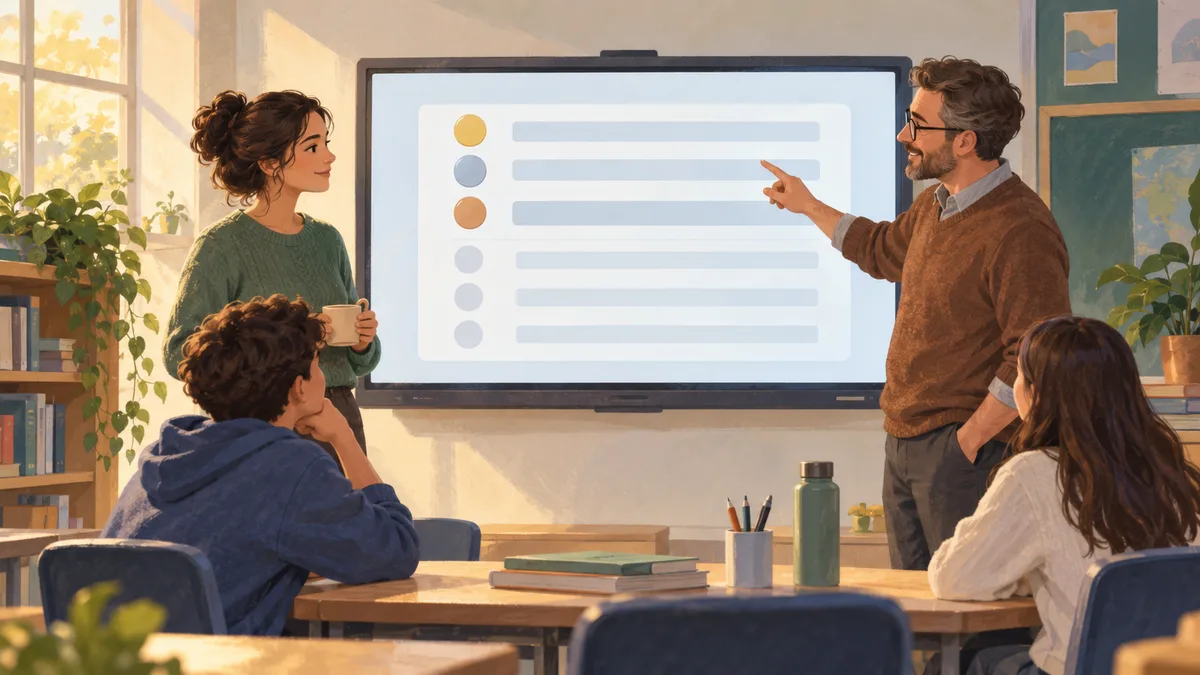 Two teachers and students reviewing a shared contest display.