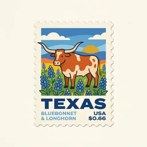 A stamp with a longhorn and bluebonnets