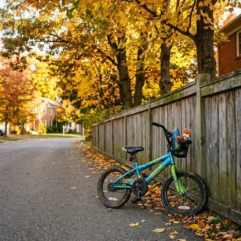 A bike against a fence under yellow trees