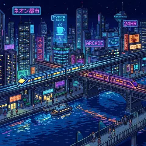 A pixel-art city with neon trains