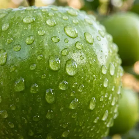 Water droplets on a green apple