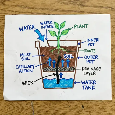A diagram of a self-watering pot
