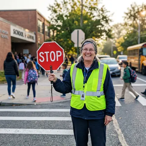 A smiling crossing guard
