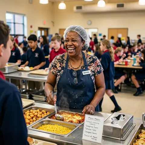 A laughing cafeteria cook