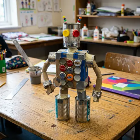 A robot made of boxes and cans