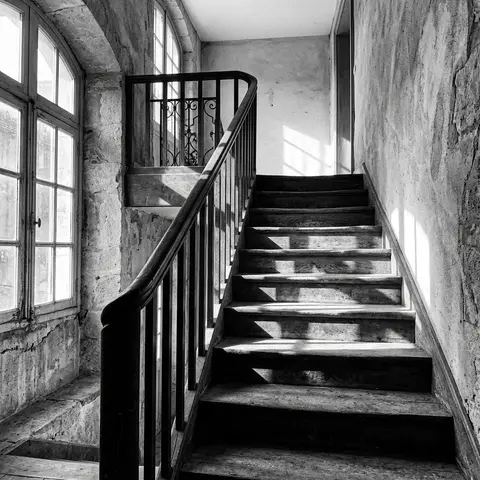 A staircase in light and shadow