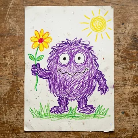 A crayon monster holding a flower